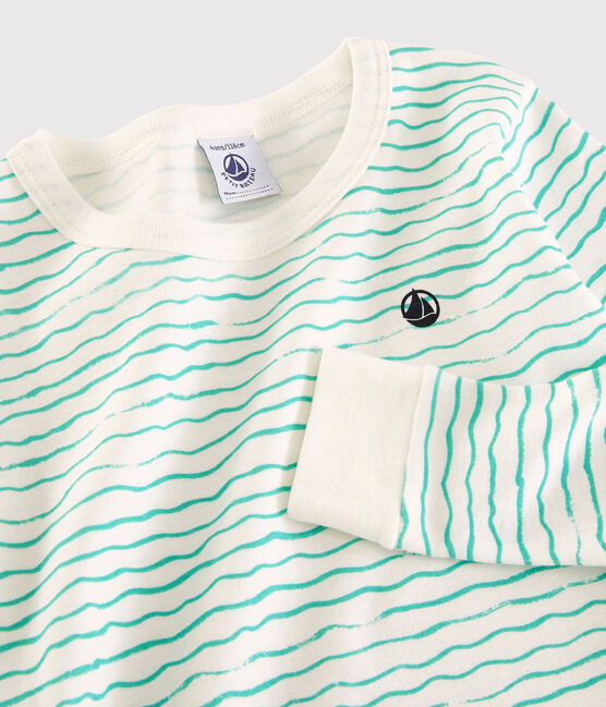 Snugfit-Kinderpyjama aus Baumwolle mit grünen Wellen für Jungen weiss MARSHMALLOW/ VERT