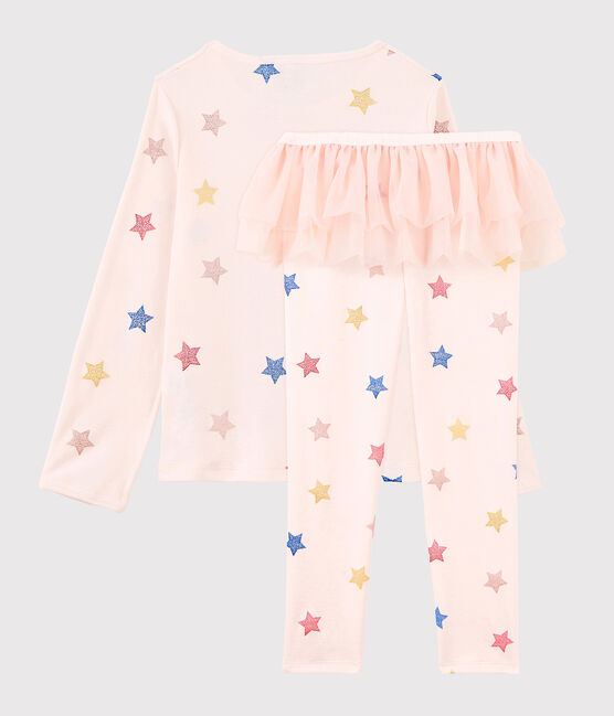 Kinderpyjama aus Rippstrick als Tänzerinnen-Kostüm für Mädchen rosa FLEUR/weiss MULTICO