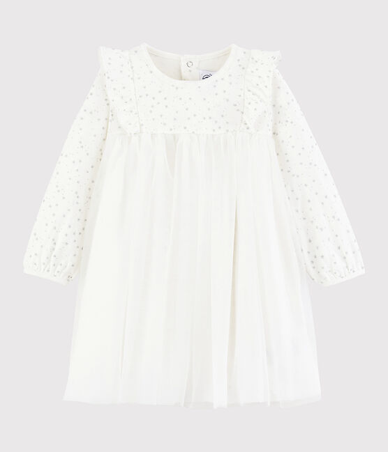 Langärmeliges Baby-Kleid für Mädchen weiss MARSHMALLOW/grau ARGENT