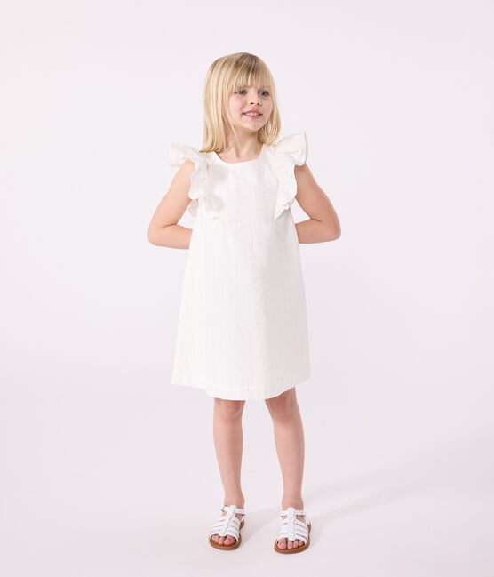 Kurzärmeliges Kinder-Kleid aus Baumwolle  weiss MARSHMALLOW/grau ARGENT