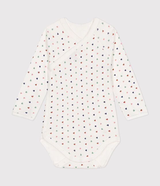 Langärmeliger Baby-Wickelbody aus Baumwolle weiss MARSHMALLOW/weiss MULTICO