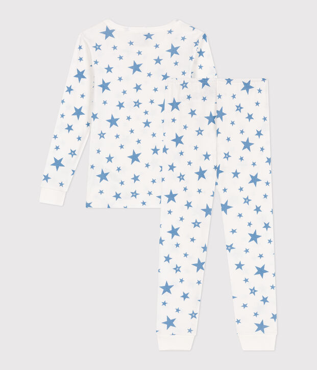 Sehr taillierter Kinderpyjama aus bedruckter Baumwolle weiss/blau