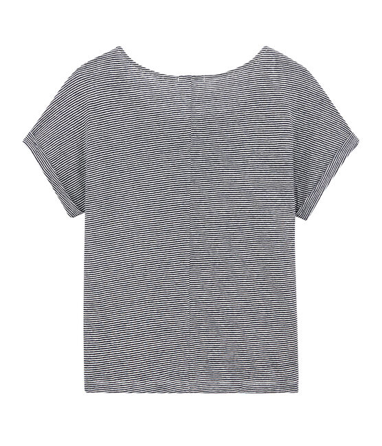 Damen-T-Shirt aus Leinen im Milleraies-Ringelmuster blau SMOKING/weiss LAIT