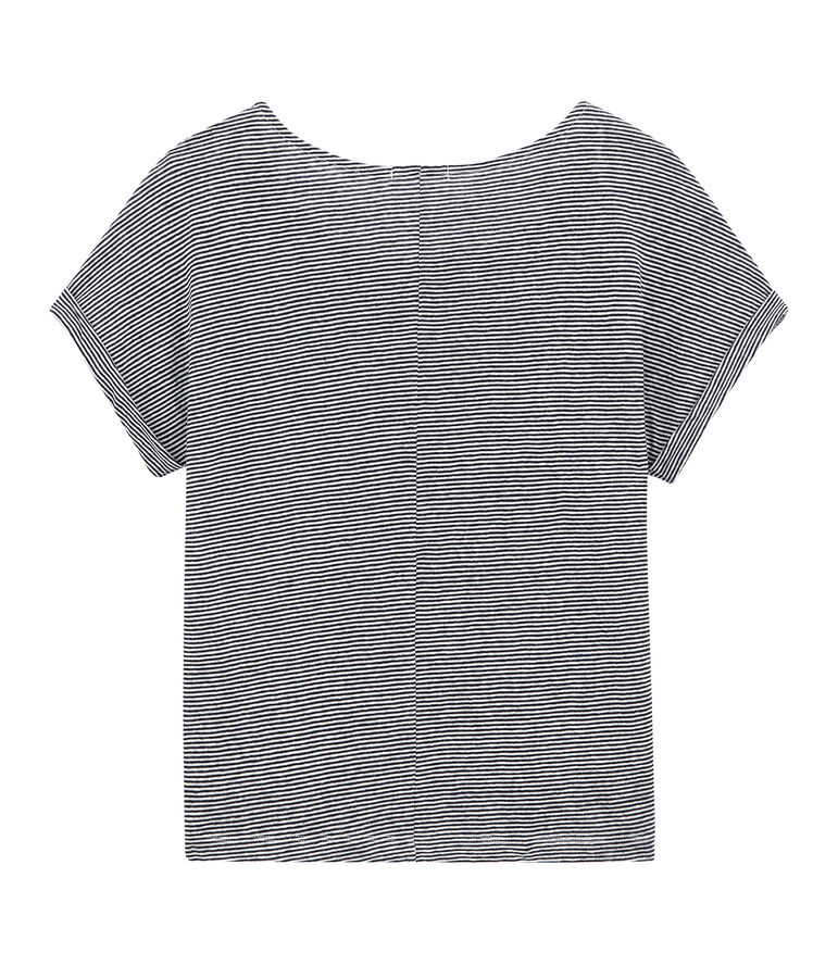 Damen-T-Shirt aus Leinen im Milleraies-Ringelmuster blau/weiss