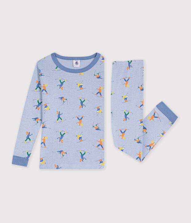 Eng anliegender Kinder-Pyjama aus gemusterter Baumwolle blau/weiss/vielfarbig