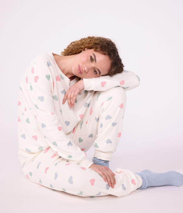 Damen-Pyjama aus Baumwoll-Frottee mit Herzmotiv naturfarben/vielfarbig