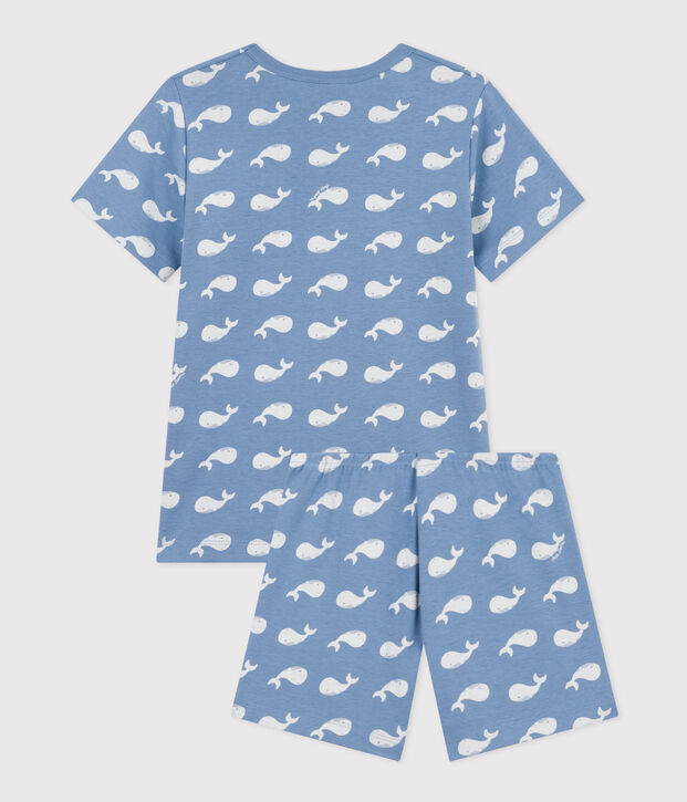 Kurzer Kinderpyjama aus Baumwolle mit Walmuster blau/weiss
