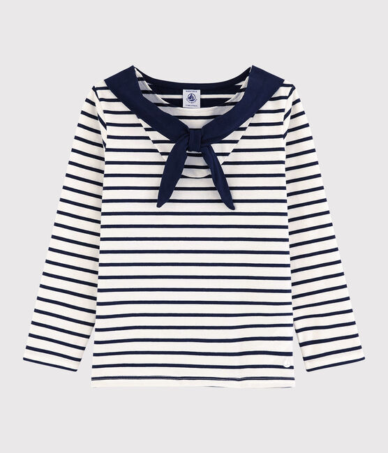 Langärmeliges Kinder-T-Shirt aus Jersey für Mädchen weiss MARSHMALLOW/blau SMOKING