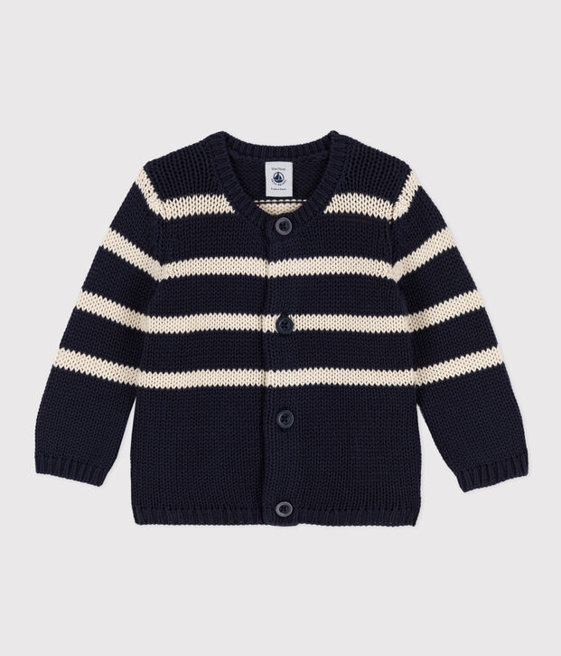 Baby-Cardigan aus gestreiftem Baumwollstrick blau/naturfarben