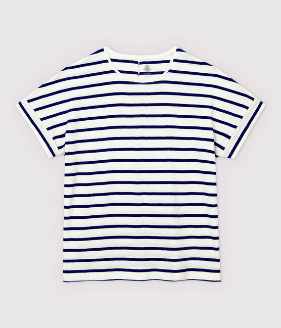 T-Shirt aus Baumwolle/gestreiftem Leinen Damen weiss MARSHMALLOW/blau MEDIEVAL