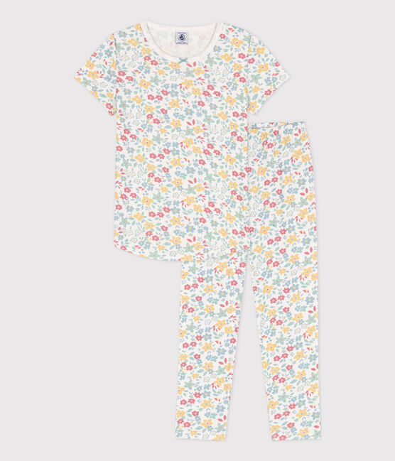 Kurzärmeliger Kinderpyjama aus Baumwolle mit Blumenmotiv für Mädchen weiss MARSHMALLOW/weiss MULTICO