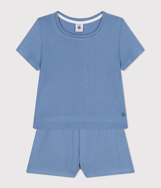 Einfarbiger Kurz-Pyjama aus Ajour-Baumwolle für kleine Mädchen blau BEACH