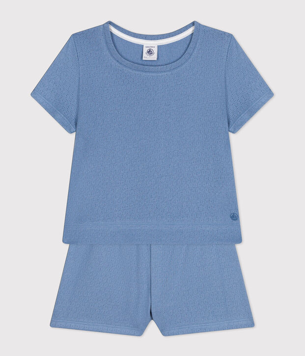Einfarbiger Kurz-Pyjama aus Ajour-Baumwolle f&uuml;r kleine M&auml;dchen blau