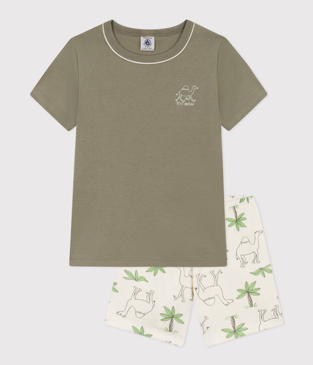 Kinder-Kurzpyjama aus Baumwolle mit Dromedaren f&uuml;r Jungen gr&uuml;n/weiss