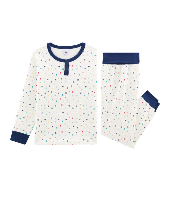 Molton-Pyjama mit hoch geschnittenem Bund für kleine Jungen weiss MARSHMALLOW/weiss MULTICO