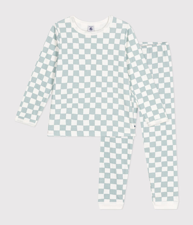 Kinder-Pyjama aus Baumwolle mit Schachbrettmuster weiss/gr&uuml;n