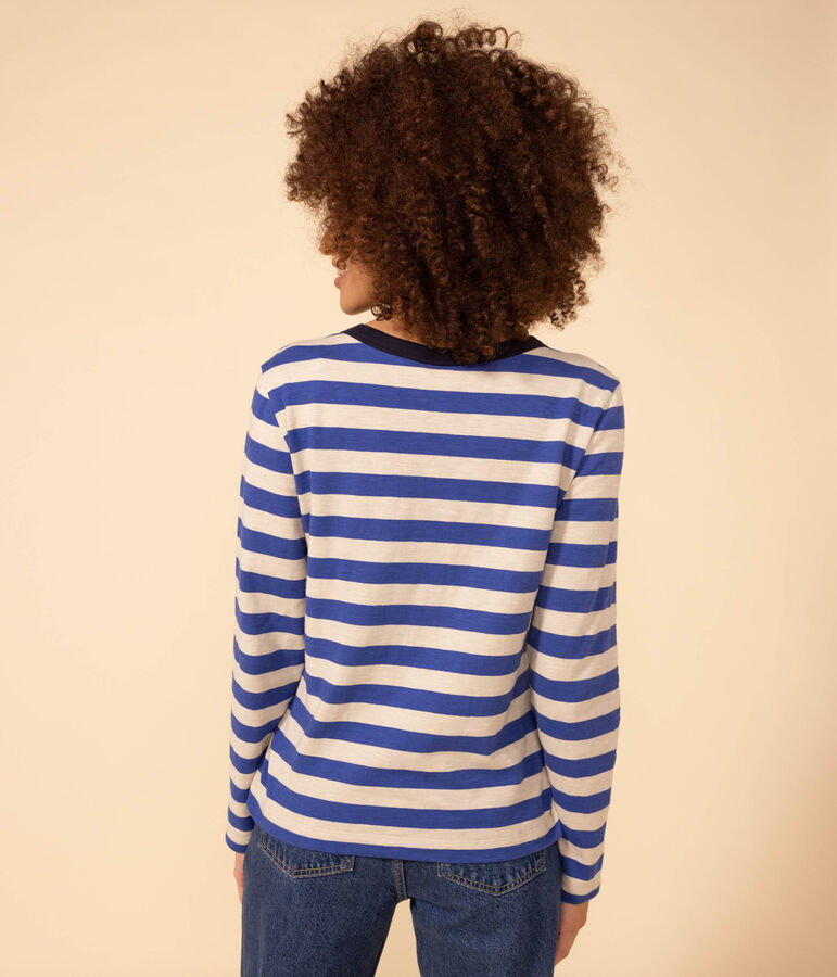 Damen-T-Shirt LE DROIT aus Baumwolle mit Rundhalsausschnitt blau/grau