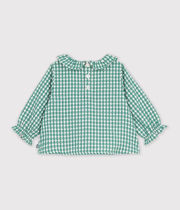 Lang&auml;rmelige Baby-Bluse aus Baumwolle mit Herz-Vichymuster gr&uuml;n/weiss