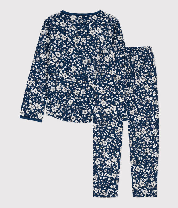Kinderpyjama aus Baumwolle mit Blumenmotiv f&uuml;r M&auml;dchen blau/weiss
