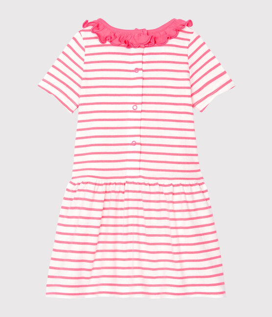Gestreiftes Baby-Kleid mit Rüschenkragen für Mädchen weiss MARSHMALLOW/rosa CUPCAKE
