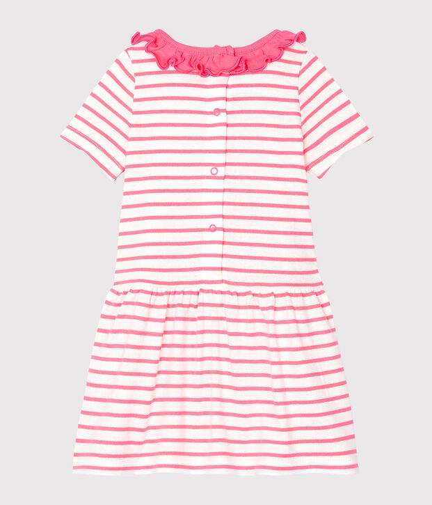 Gestreiftes Baby-Kleid mit R&uuml;schenkragen f&uuml;r M&auml;dchen weiss/rosa