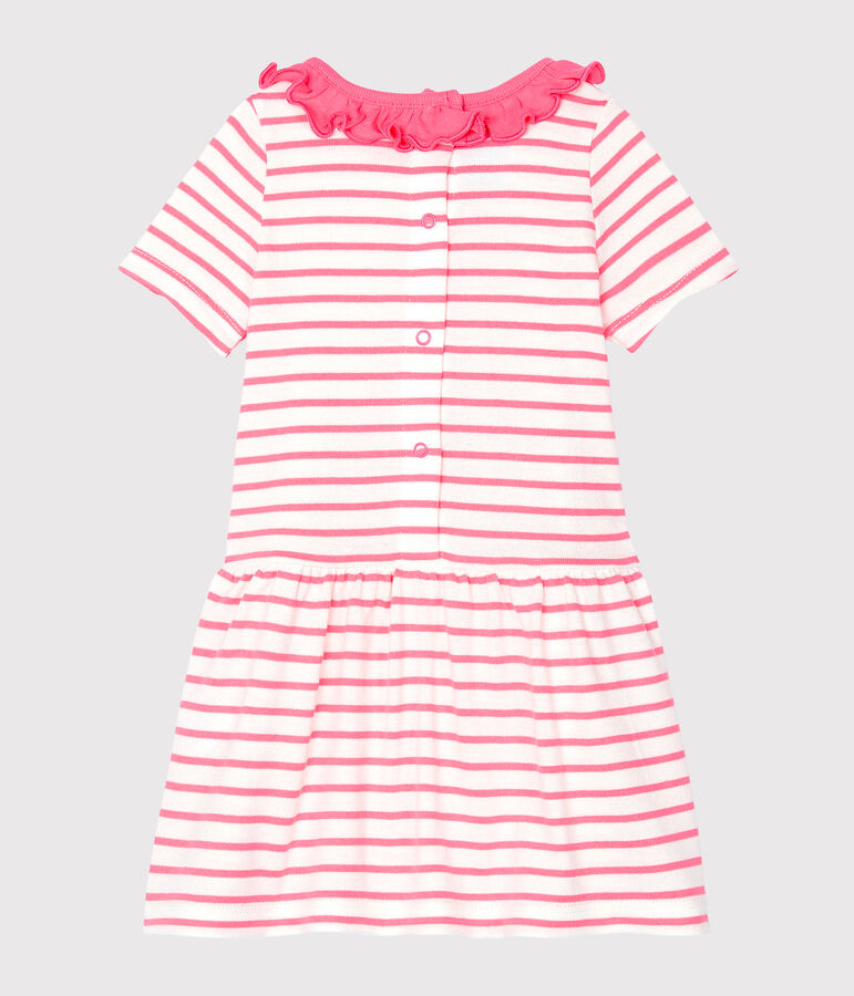 Gestreiftes Baby-Kleid mit R&uuml;schenkragen f&uuml;r M&auml;dchen weiss MARSHMALLOW/rosa CUPCAKE