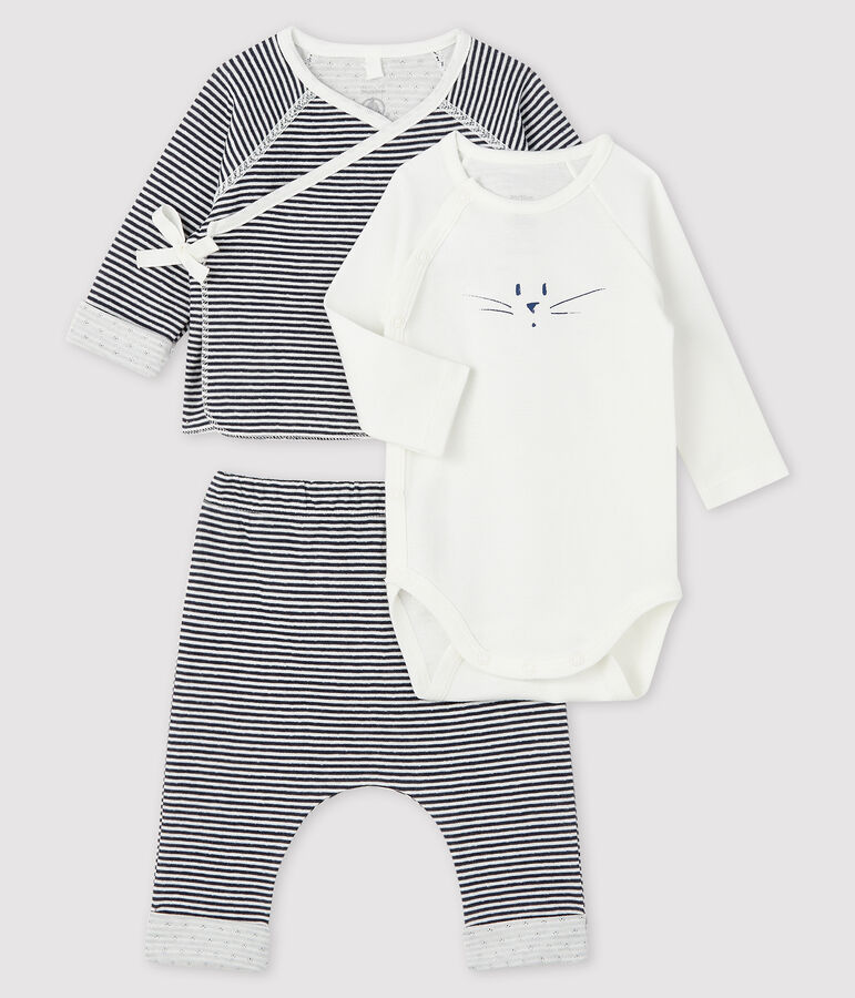 Dreiteiliges Baby-Set aus Doppeljersey blau/weiss