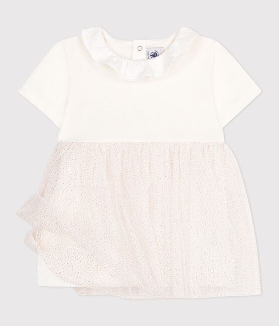 Kurzärmeliges Baby-Kleid aus Baumwolle und Tüll mit Halskrause weiss MARSHMALLOW/rosa COPPER