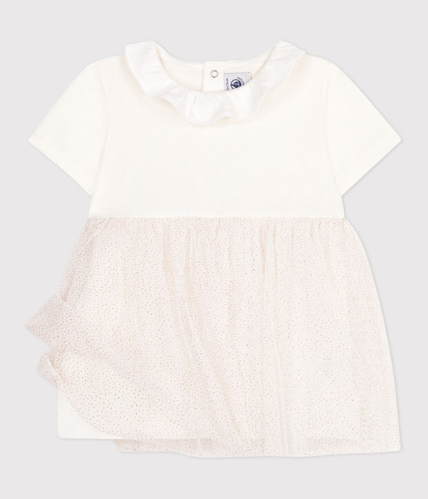 Kurz&auml;rmeliges Baby-Kleid aus Baumwolle und T&uuml;ll mit Halskrause weiss/rosa