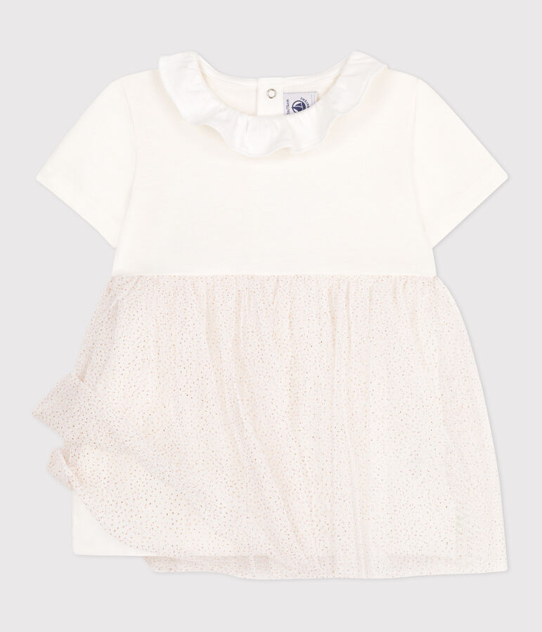 Kurz&auml;rmeliges Baby-Kleid aus Baumwolle und T&uuml;ll mit Halskrause weiss/rosa