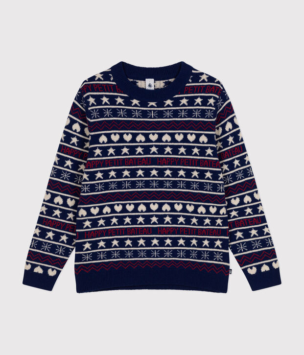 Damen-Pullover aus Woll-und Baumwolljacquard blau/vielfarbig