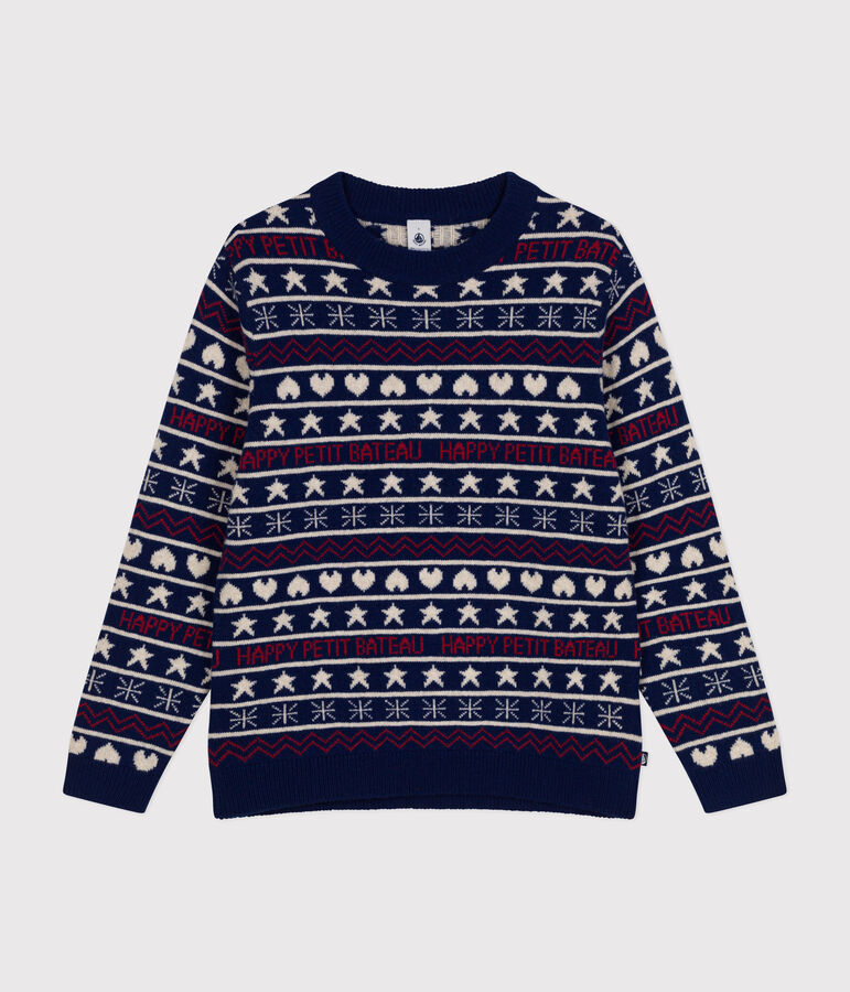 Damen-Pullover aus Woll-und Baumwolljacquard blau/vielfarbig