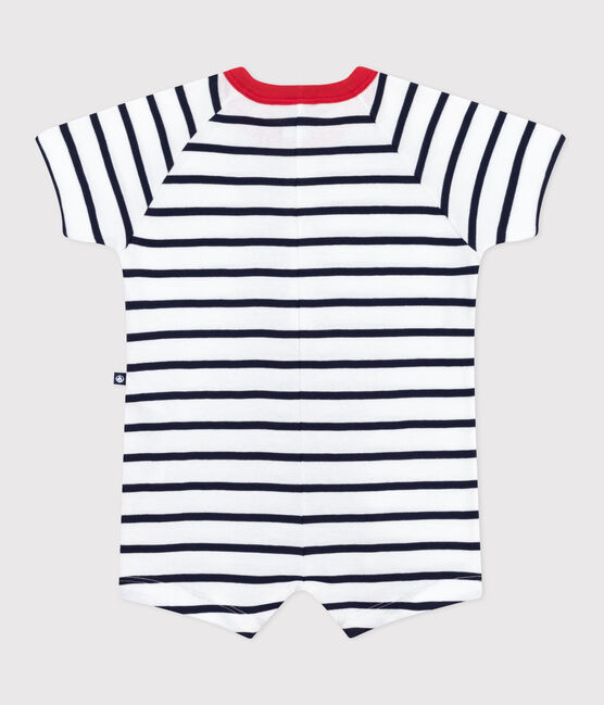 Kurzärmeliger Baby-Kurzoverall aus Baumwolle mit Streifen und farblich abgesetztem Kragen. weiss MARSHMALLOW/blau SMOKING