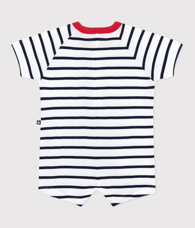 Kurz&auml;rmeliger Baby-Kurzoverall aus Baumwolle mit Streifen und farblich abgesetztem Kragen. weiss/blau