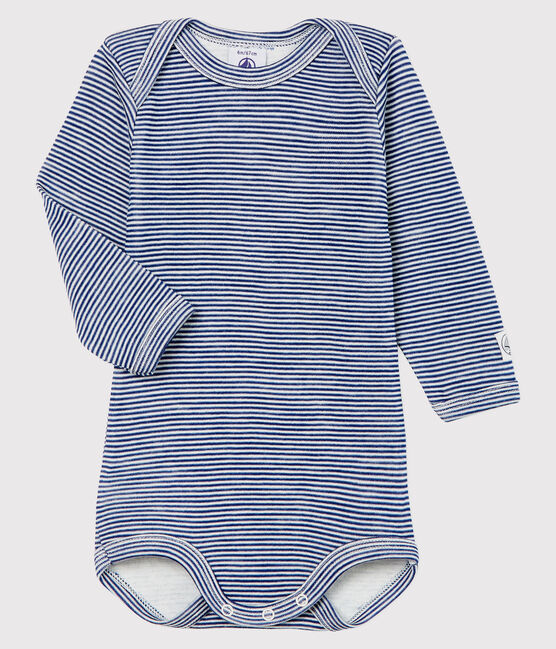 Langärmliger Baby-Body mit Streifen aus Wolle und Baumwolle blau MEDIEVAL/weiss MARSHMALLOW