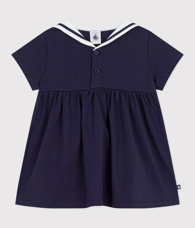 Kurz&auml;rmeliges Baby-Kleid mit Matrosenkragen aus einfarbiger Baumwolle SMOKING