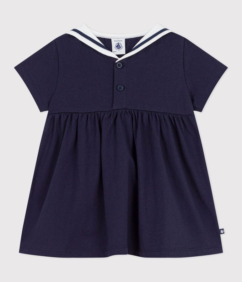 Kurz&auml;rmeliges Baby-Kleid mit Matrosenkragen aus einfarbiger Baumwolle blau
