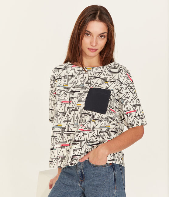 Kurzärmeliges seemannshemd damen weiss MARSHMALLOW/weiss MULTICO