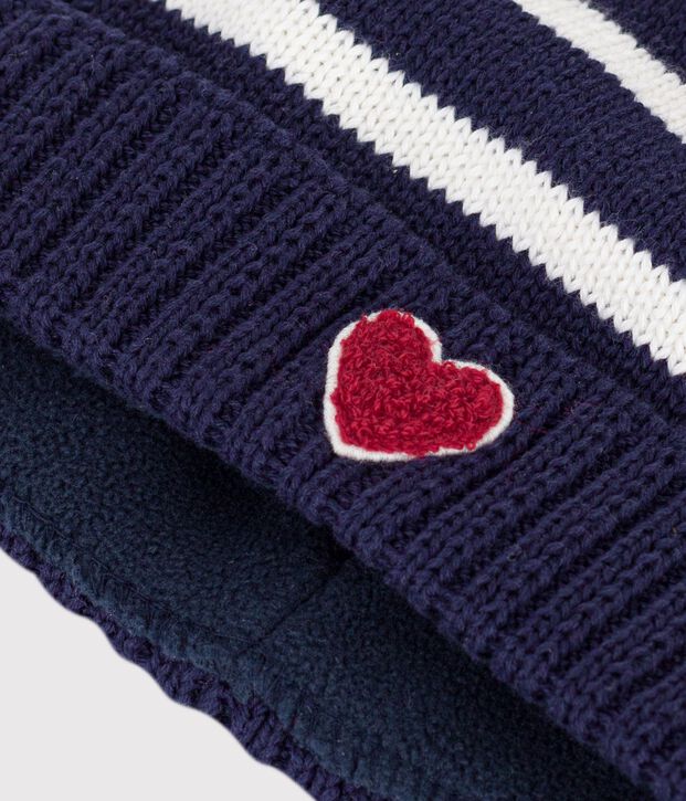 Baby-Strickm&uuml;tze mit Streifen und Fleece-Futter blau/naturfarben