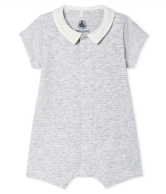 Kurzer Baby-Bodyjama aus Rippstrick grau POUSSIERE/weiss MARSHMALLOW