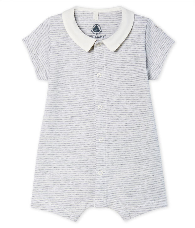 Kurzer Baby-Bodyjama aus Rippstrick grau/weiss