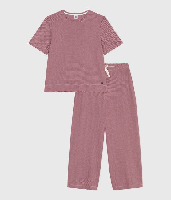 Kurzärmeliger Damen-Pyjama mit weitem Bein aus Baumwolle mit Streifen rot AMARANTE/ MARSHMALLOW