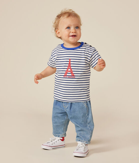 Kurzärmeliges Baby-T-Shirt aus feinem Jersey weiss MARSHMALLOW/blau MEDIEVAL