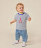 Kurzärmeliges Baby-T-Shirt aus feinem Jersey weiss MARSHMALLOW/blau MEDIEVAL