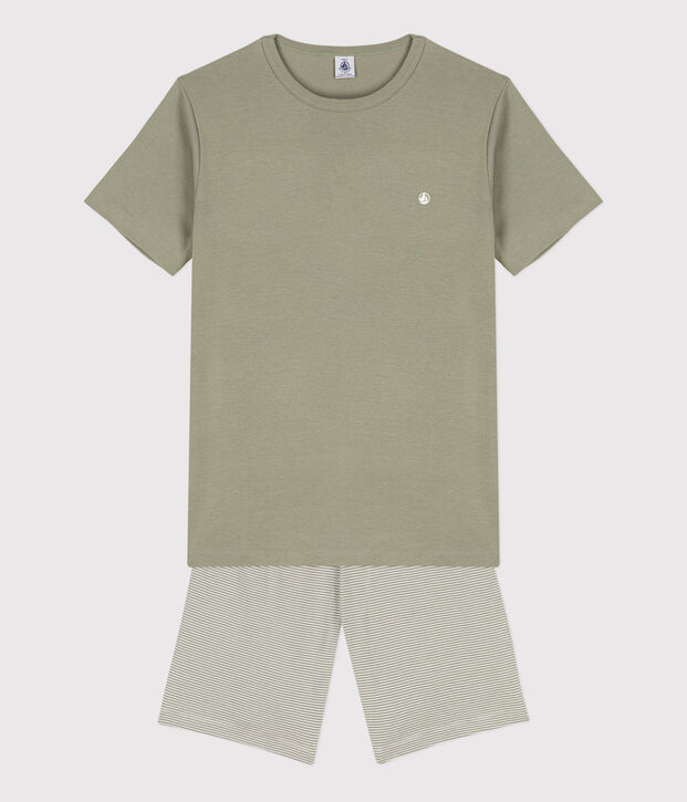 Kinder-Kurzpyjama aus Baumwolle mit Ringelstreifen f&uuml;r Jungen gr&uuml;n/weiss