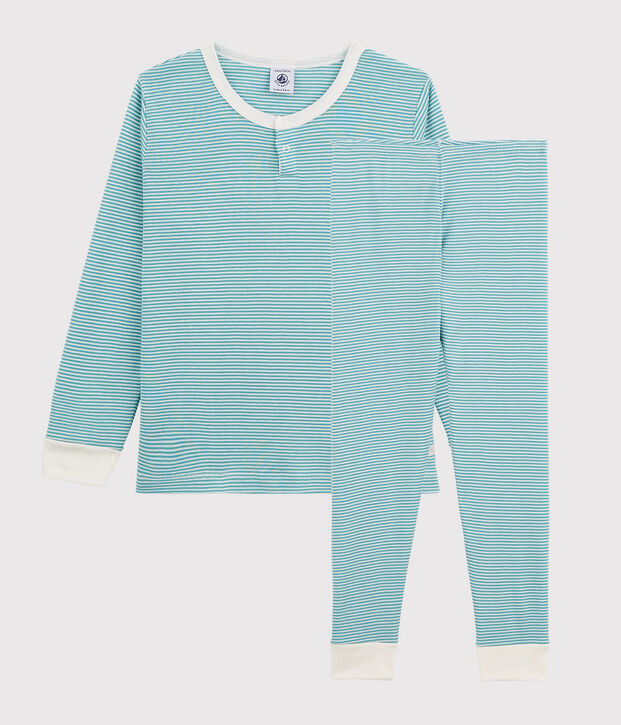 Kinderpyjama aus Baumwolle/Lyocell mit Streifen f&uuml;r Jungen blau/weiss