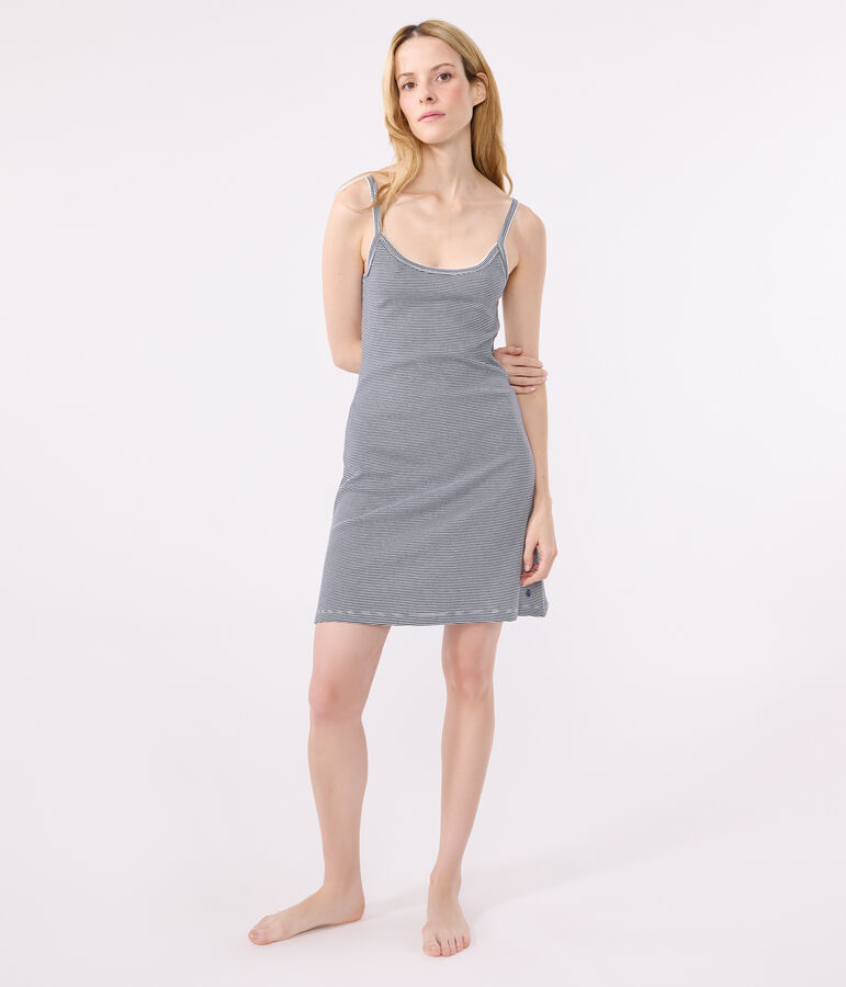 Gestreiftes Damen-Kurznachthemd aus Baumwolle blau SMOKING/weiss MARSHMALLOW