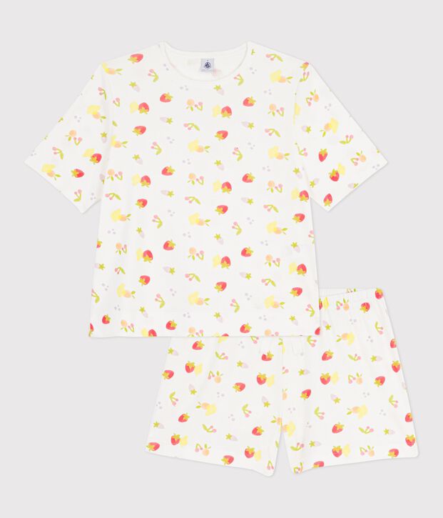 Damen-Baumwollpyjama mit kurzen &Auml;rmeln und Fruchtmuster weiss/vielfarbig