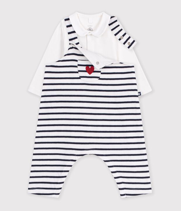 Baby-Set Latzhose und Body aus Baumwolle mit Kragen und Streifen weiss/blau