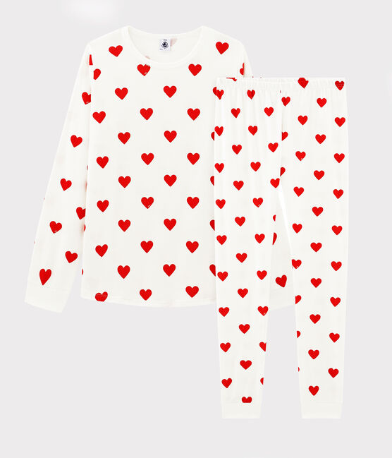 Pyjama aus Rippstrick mit Herzchen-Print für Mädchen/Frauen weiss MARSHMALLOW/rot TERKUIT